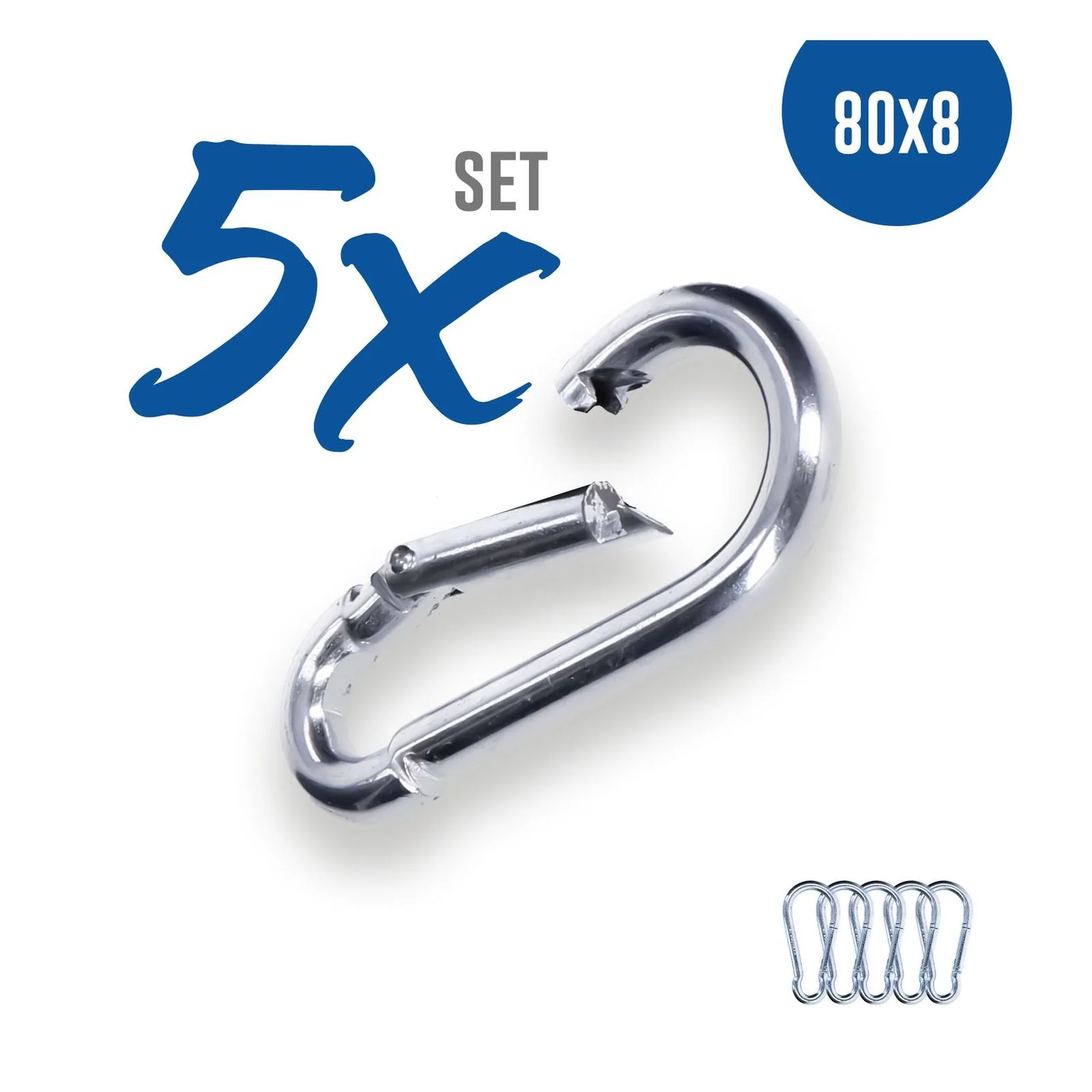 5x Karabinerhaken 80x8 mm Stahl verzinkt DIN5299 C-Form (Birne) rostfrei Schnapphaken bis 230Kg