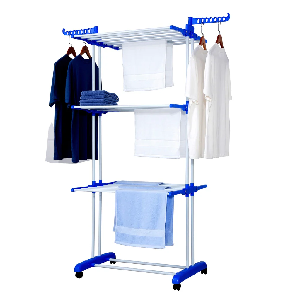 TP Wäscheständer 3 Ebenen klappbar, mobil ca. 18 Meter Wäscheleine, mit Seitenflügel Blau - Image 10