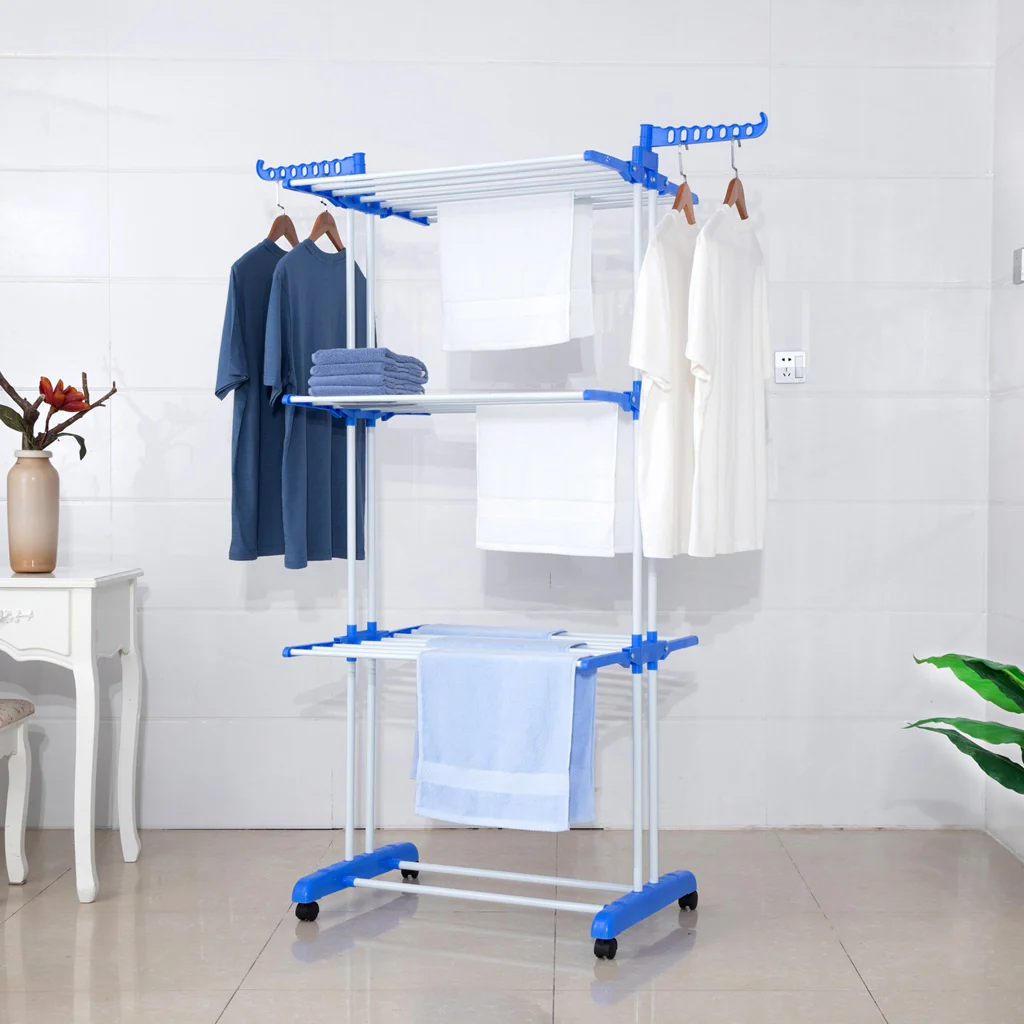 TP Wäscheständer 3 Ebenen klappbar, mobil ca. 18 Meter Wäscheleine, mit Seitenflügel Blau - Image 4