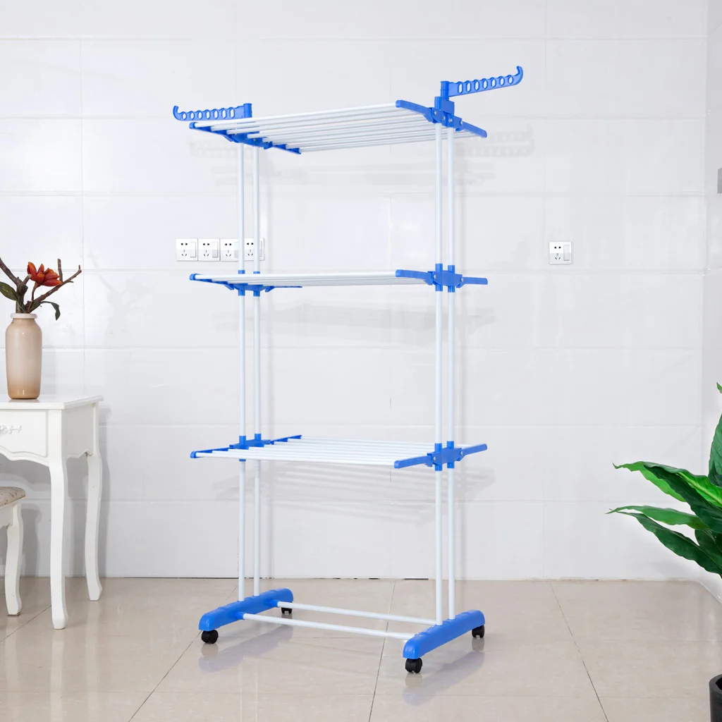 TP Wäscheständer 3 Ebenen klappbar, mobil ca. 18 Meter Wäscheleine, mit Seitenflügel Blau - Image 7