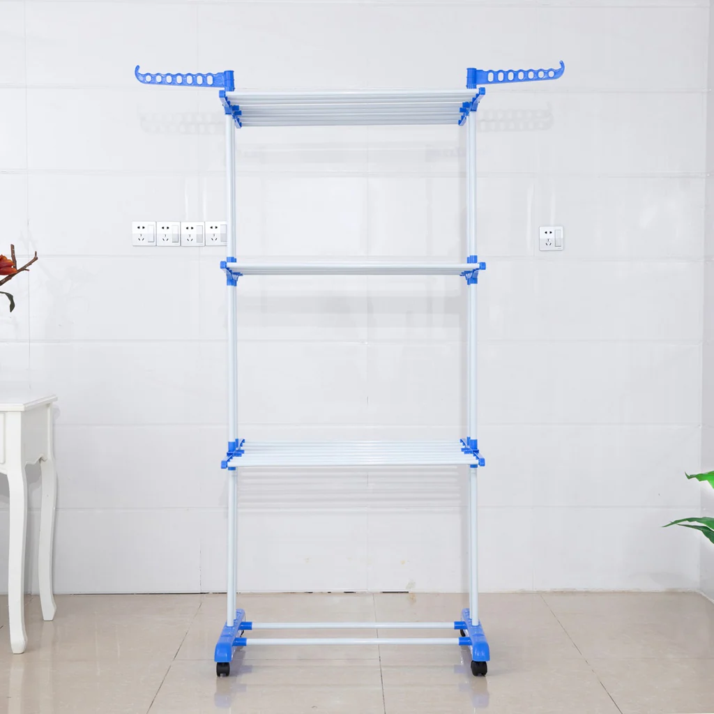 TP Wäscheständer 3 Ebenen klappbar, mobil ca. 18 Meter Wäscheleine, mit Seitenflügel Blau - Image 8