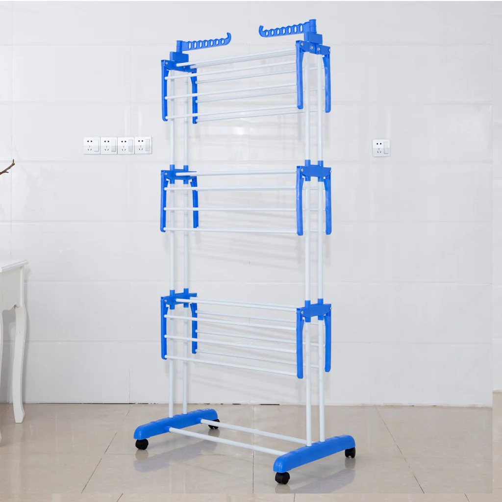 TP Wäscheständer 3 Ebenen klappbar, mobil ca. 18 Meter Wäscheleine, mit Seitenflügel Blau - Image 9