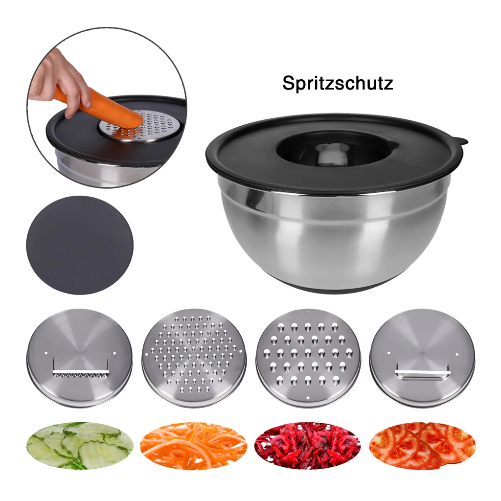 TP Edelstahl Schüssel-Set inkl. Deckel, Skala, und 4 Einsätzen zum Gemüsereiben 15-teilig - Image 4