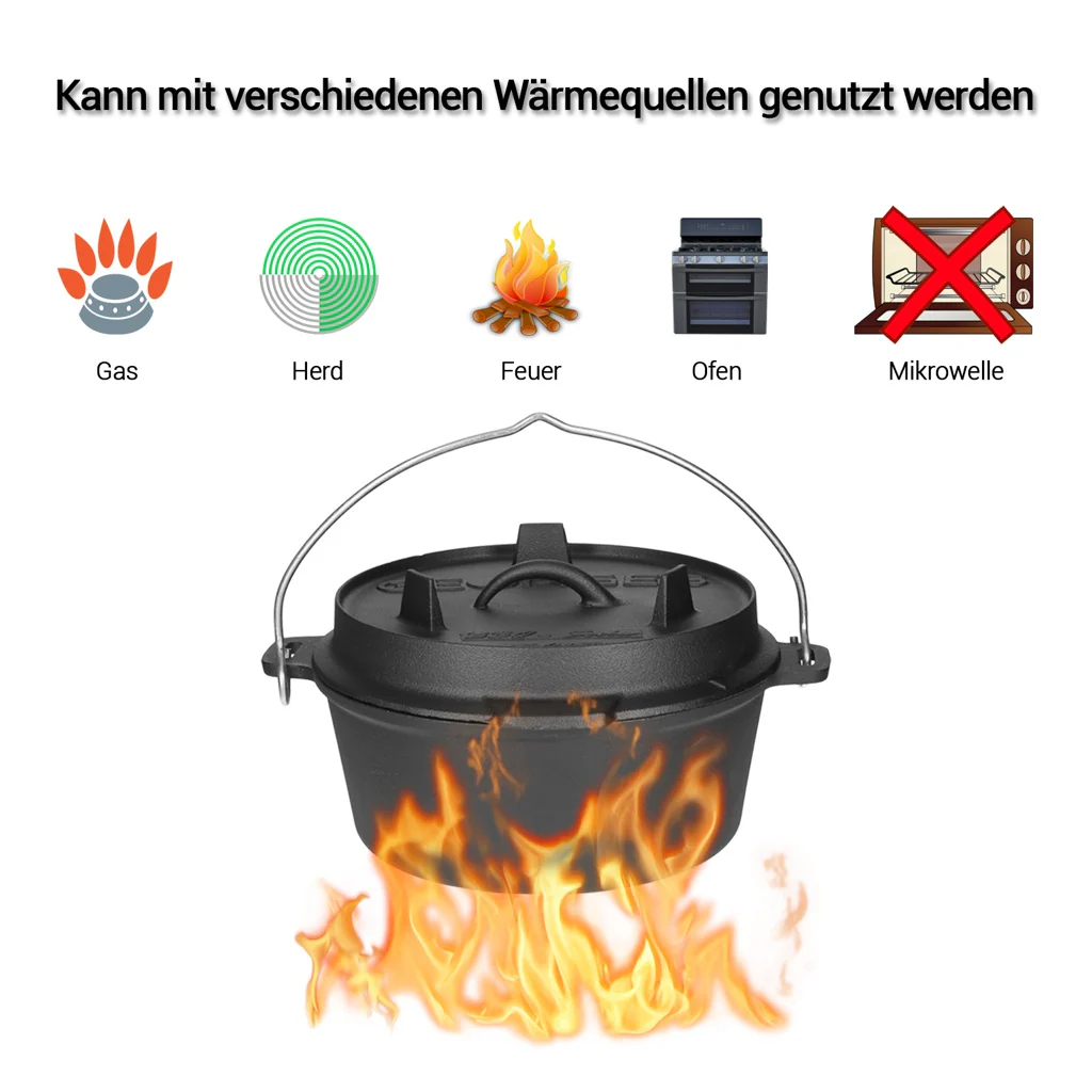 TP Dutch Oven aus Gusseisen, BBQ Kessel mit Füßen Deckel, robuster Feuertopf inkl. Deckelheber GDO09P - Image 6