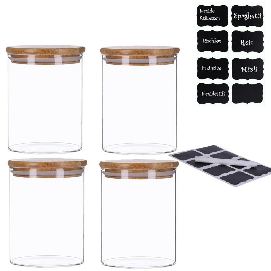 TP Vorratsgläser 4er Set mit Bambus Deckel, luftdichte Behälter inkl. Etiketten, 4 x 700 ml - Image 2