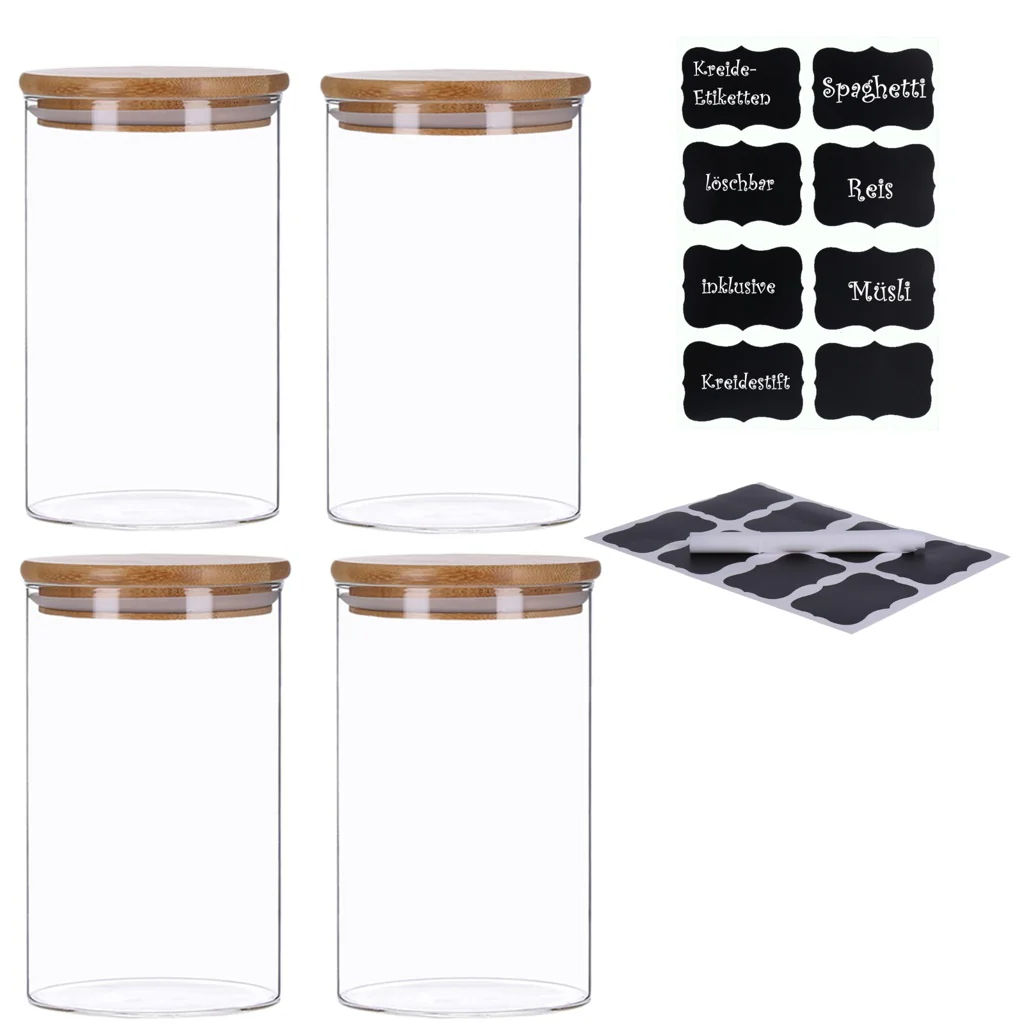 TP Vorratsgläser 4er Set mit Bambus Deckel, luftdichte Behälter inkl. Etiketten, 4 x 1000 ml - Image 2