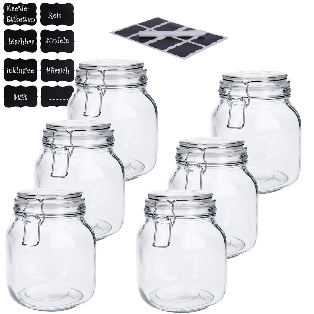 TP 6er Set Vorratsglas mit Bügelverschluss inkl. 8 Kreidetafelsticker & Stift eckige Form (6 x1000ml) - Image 2