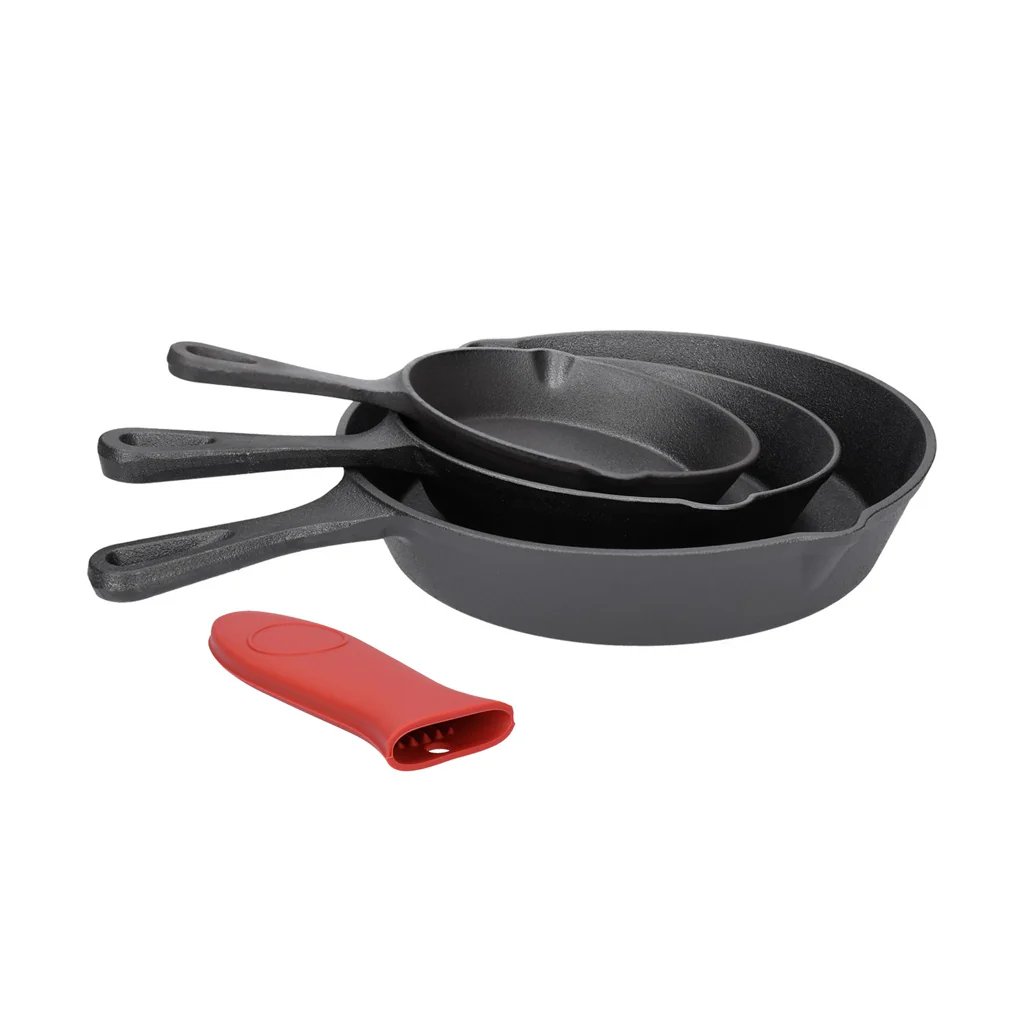 TP 4-teiliges Bratpfannen Set aus Gusseisen aus Ø16 + Ø20 + Ø25cm + Silikon- Griff