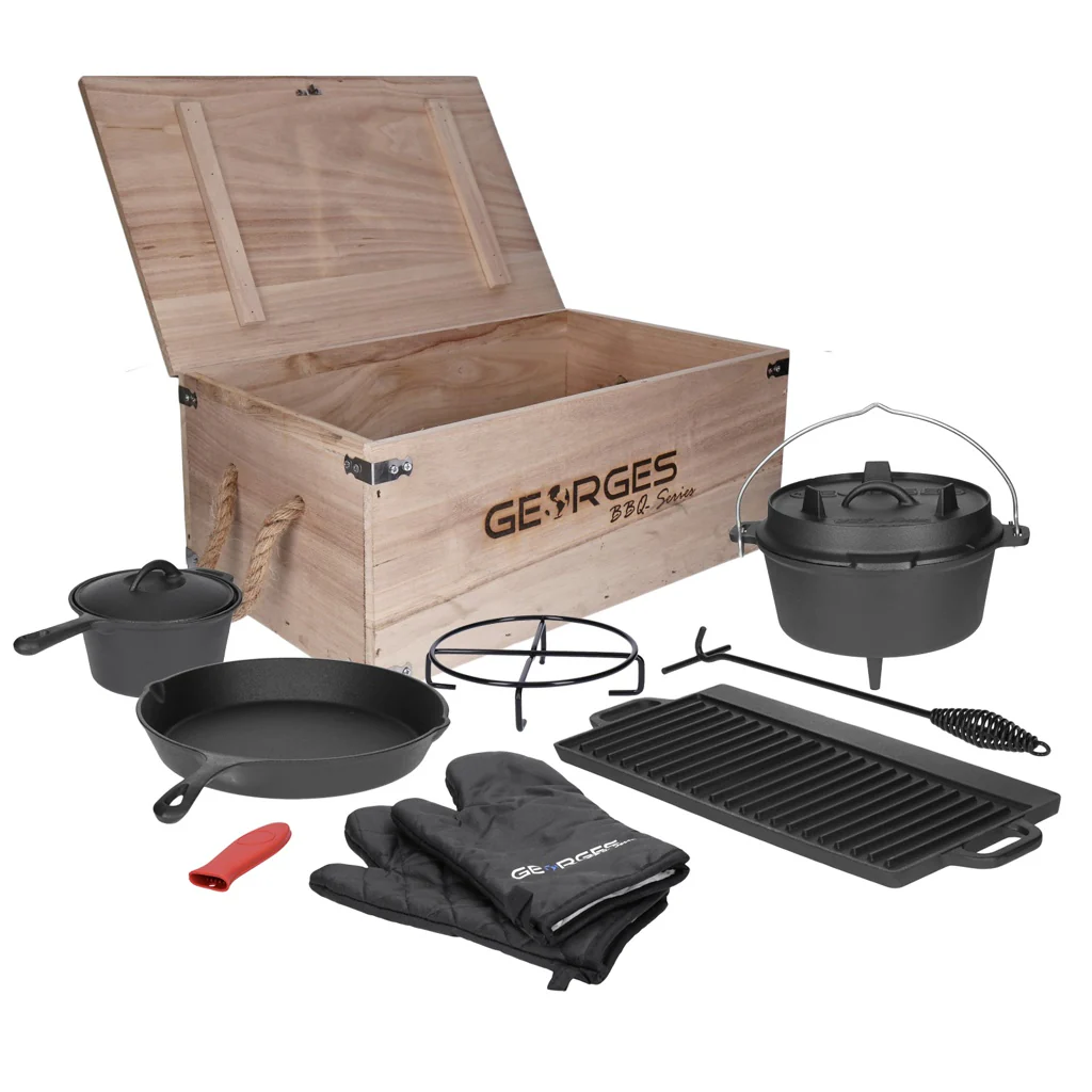 TP 9 teiliges Premium Dutch Oven Set in Holzkiste Dutch Oven, Grillplatte, Topf, Pfanne uvm.