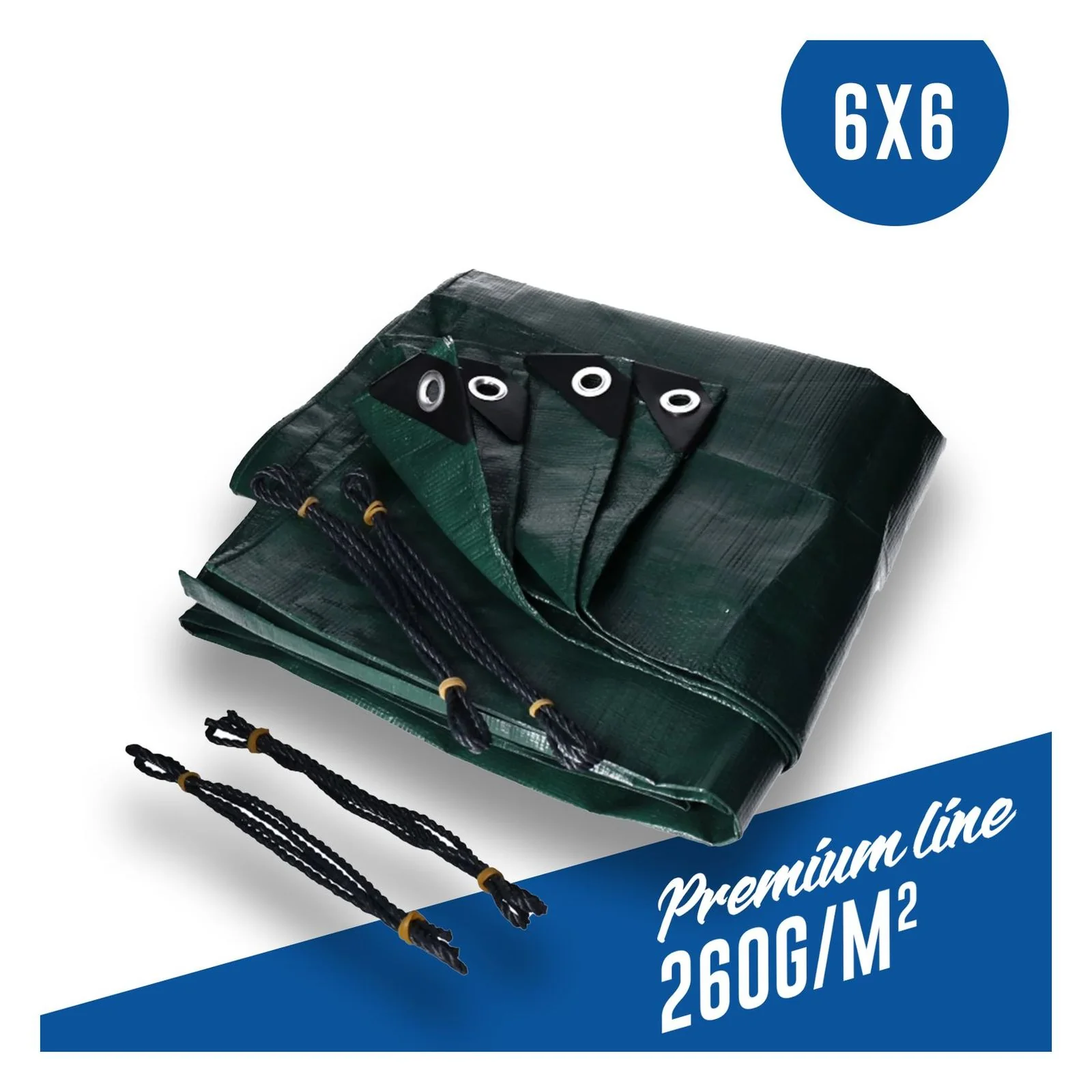 Abdeckplane, Gewebeplane 260g/m² grün inkl. 4x Befestigungsseil, mit Ecken- und Randverstärkung 6 x 6 Meter