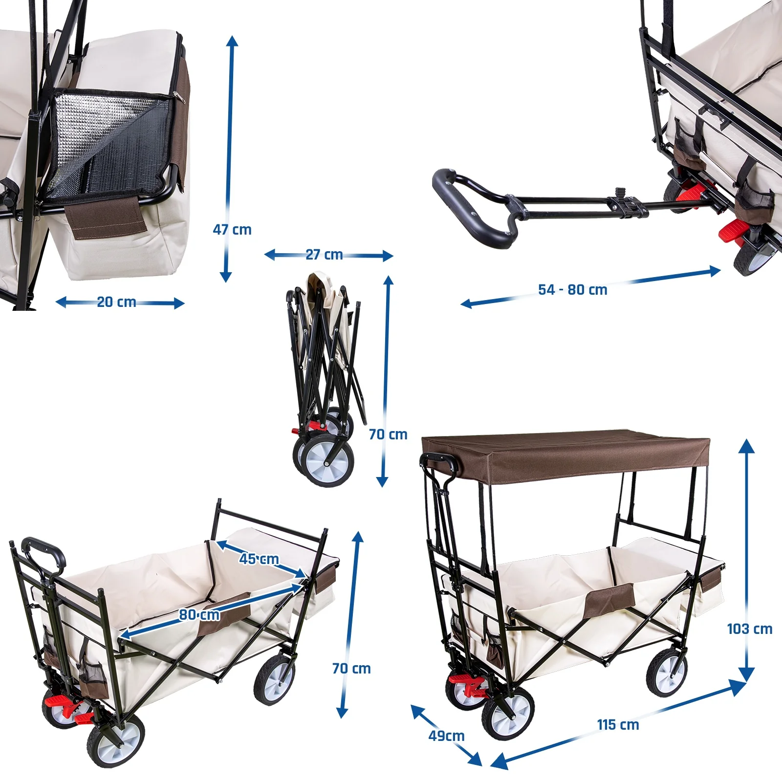 TP faltbarer Bollerwagen Beige mit abnehmbarem Dach Teleskopgriff, Kühltasche und Vorderradbremse - Image 9