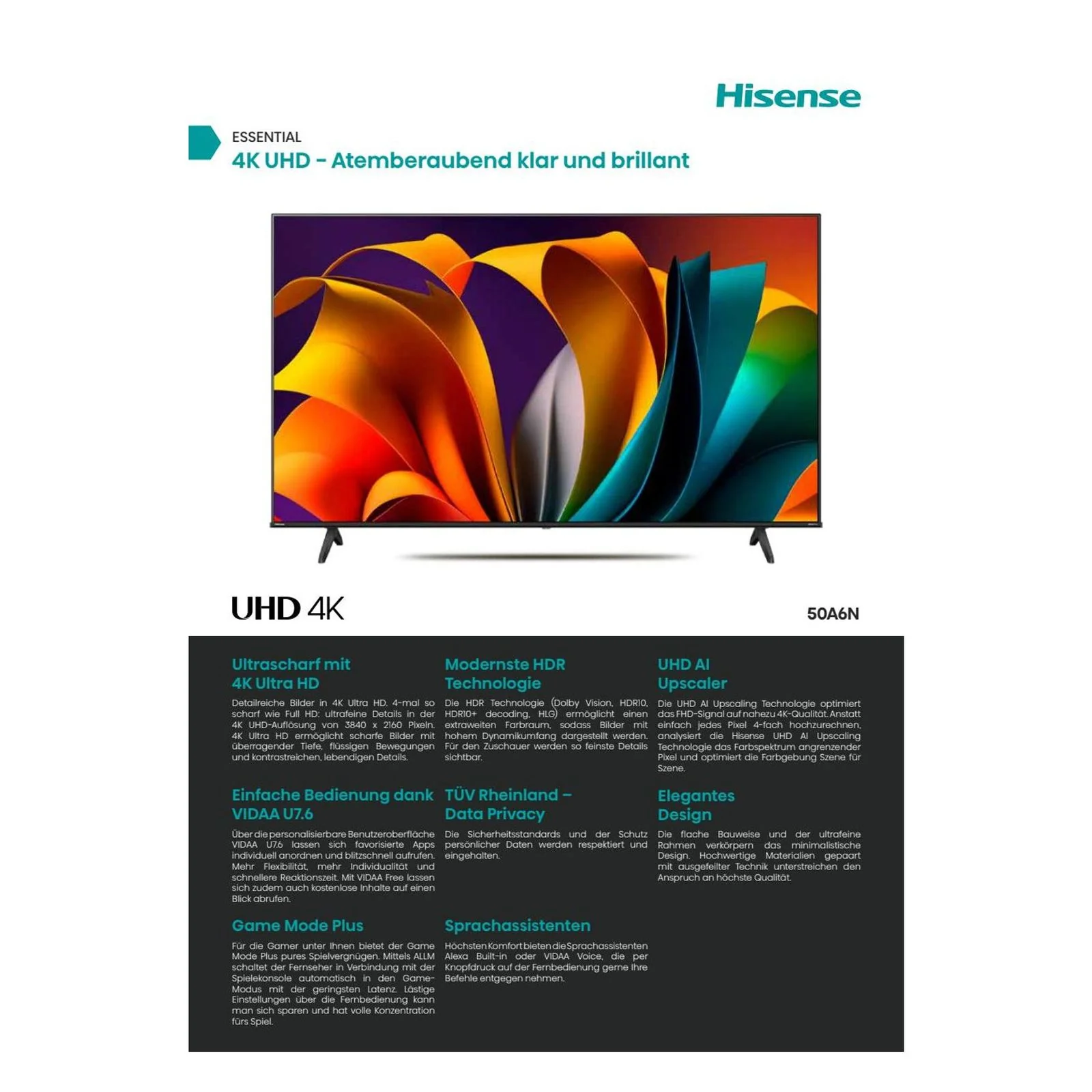 Hisense 50A6N Fernseher 127 cm (50") 4K Ultra HD Smart-TV WLAN Schwarz 300 cd/m² - Image 2