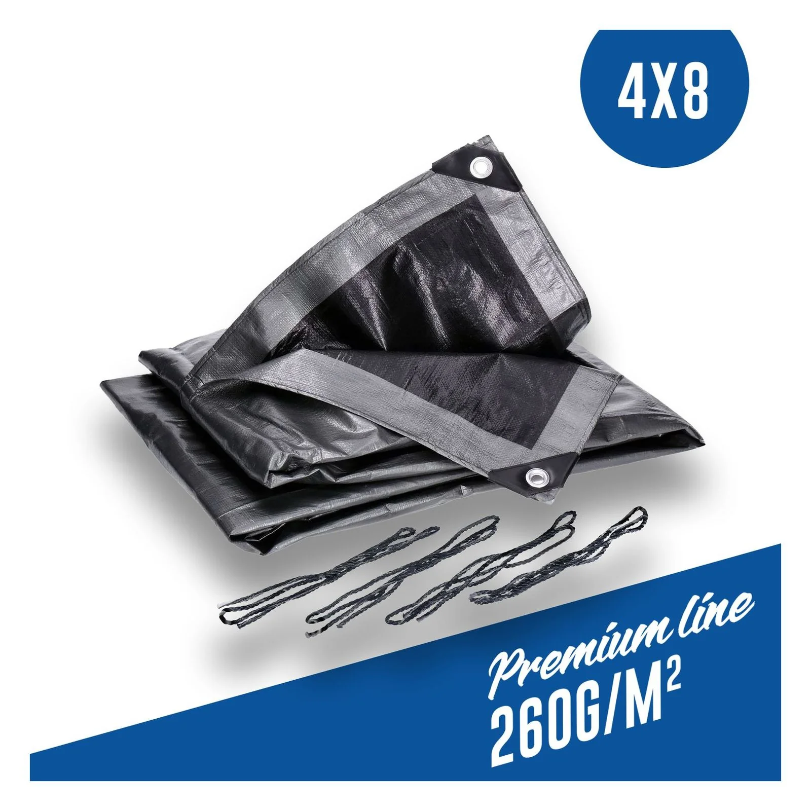 Abdeckplane, Gewebeplane 260g/m² silber inkl. 4x Befestigungsseil, mit Ecken- und Randverstärkung 4 x 8 Meter