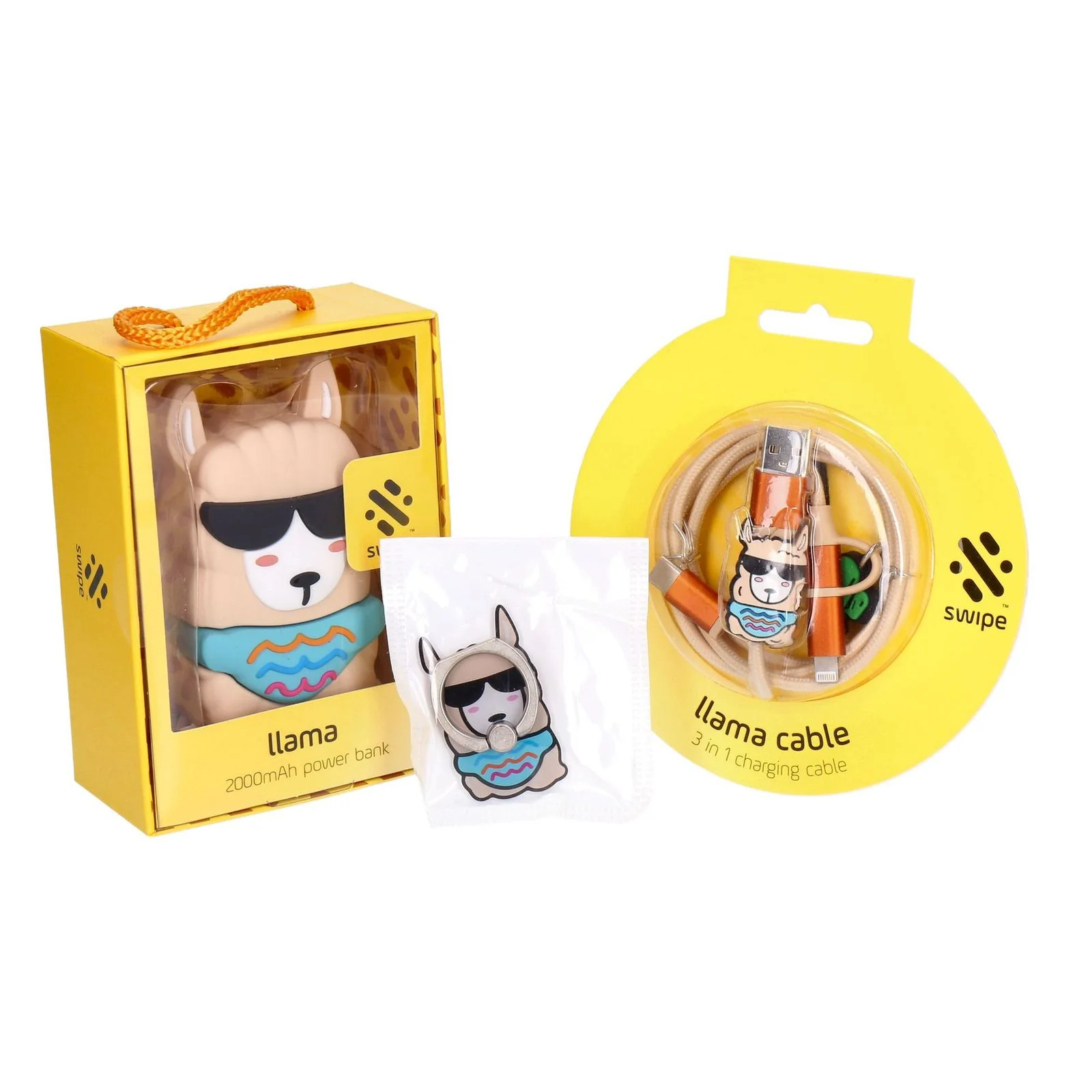 Swipe Lama Kollektion 3 Teile Set Design Powerbank 3-in-1 Ladekabel Ringhalter