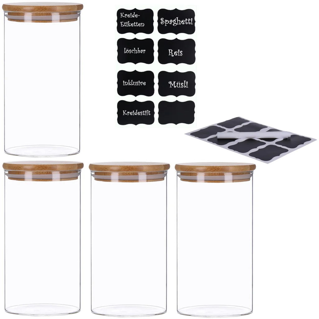 TP 4er Set Vorratsglas mit Bambusdeckel und 8 Kreidetafel- Sticker (4 x 1200ml) - Image 2