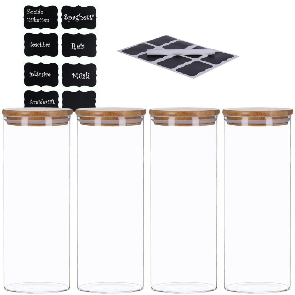 TP 4er Set Vorratsglas mit Bambusdeckel und 8 Kreidetafel- Sticker (4 x 1800ml) - Image 2